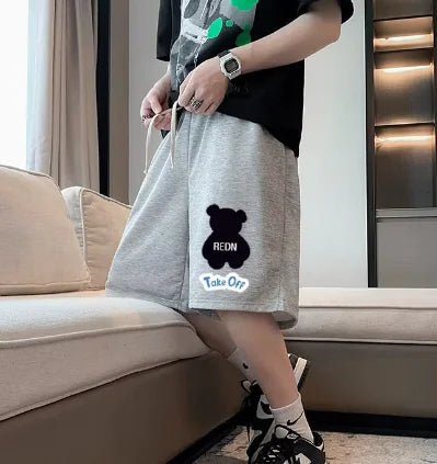 Color Stitching Flocking Bear Casual Shorts