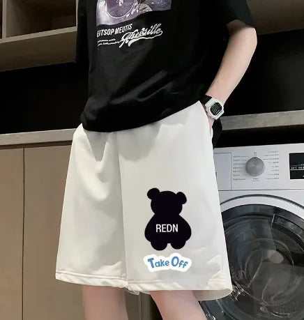 Color Stitching Flocking Bear Casual Shorts