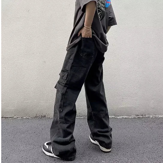 Vintage Wash Gray Multi-Pocket Straight Fit Jeans