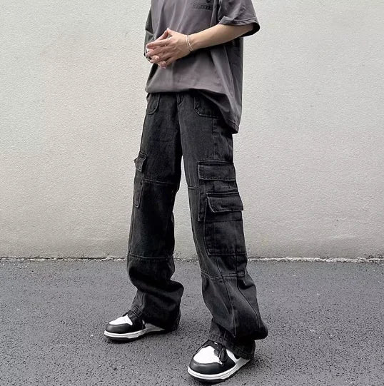 Vintage Wash Gray Multi-Pocket Straight Fit Jeans